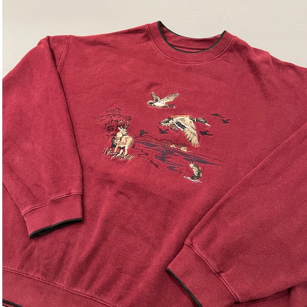 Croft & Barrow Vintage Wildlife Sweatshirt XL Maroon Embroidered Deer Duck Fish